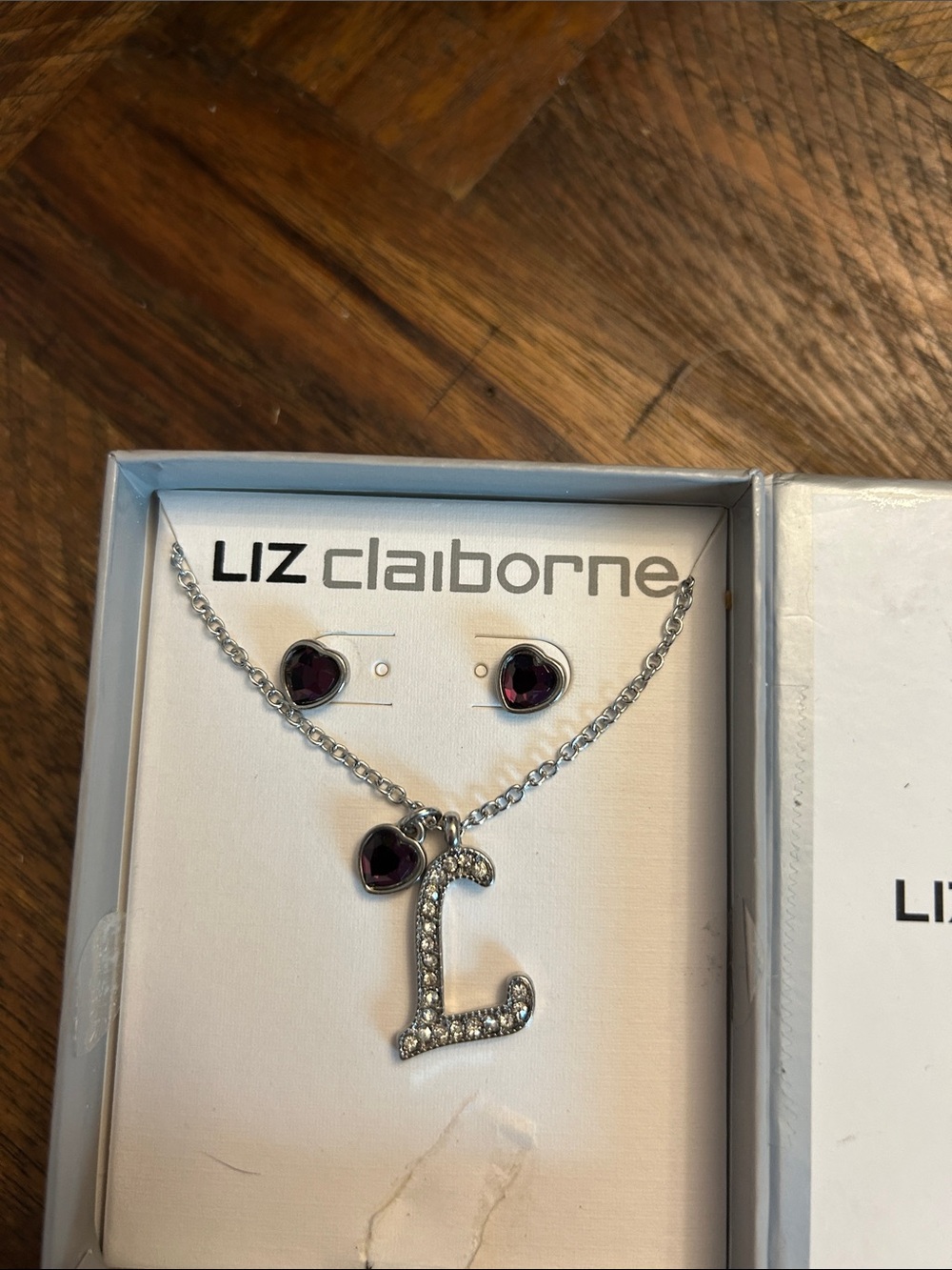 Liz Claiborne Silver Initial L Necklace with Purple Heart Earrings